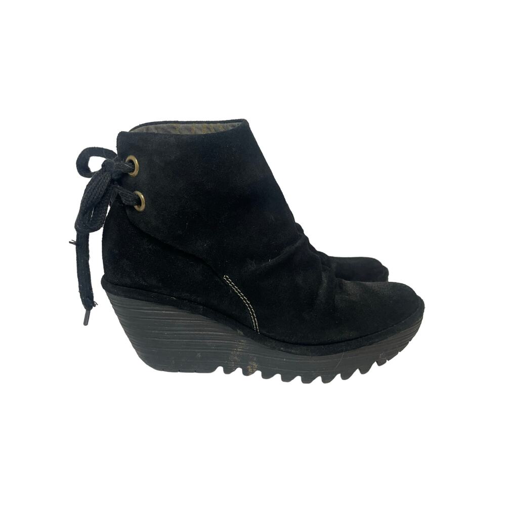 Fly London Black suede 39 ankle boots shoes wedge 8 shoes booties